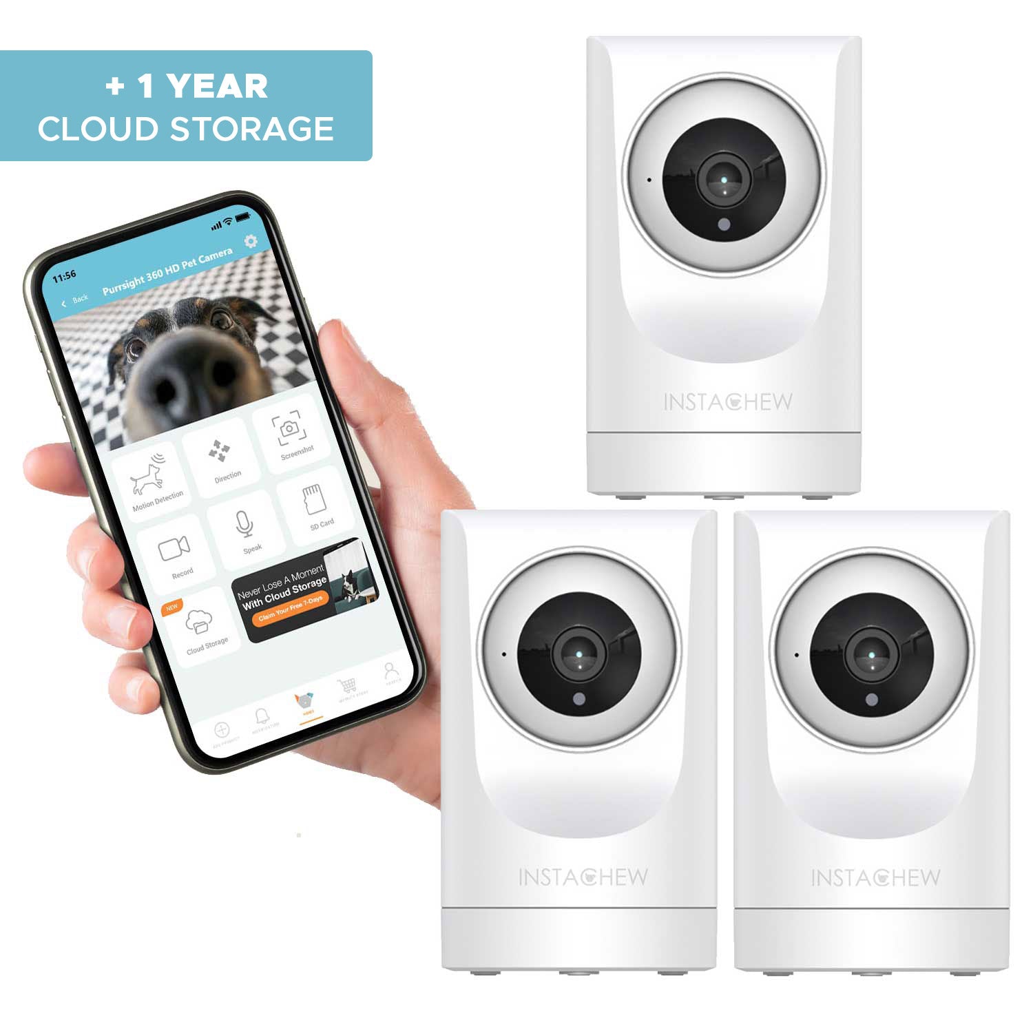 Purrsight 360° Smart App Pet Camera with Night Vision and 2 Way Audio 3pc Bundle